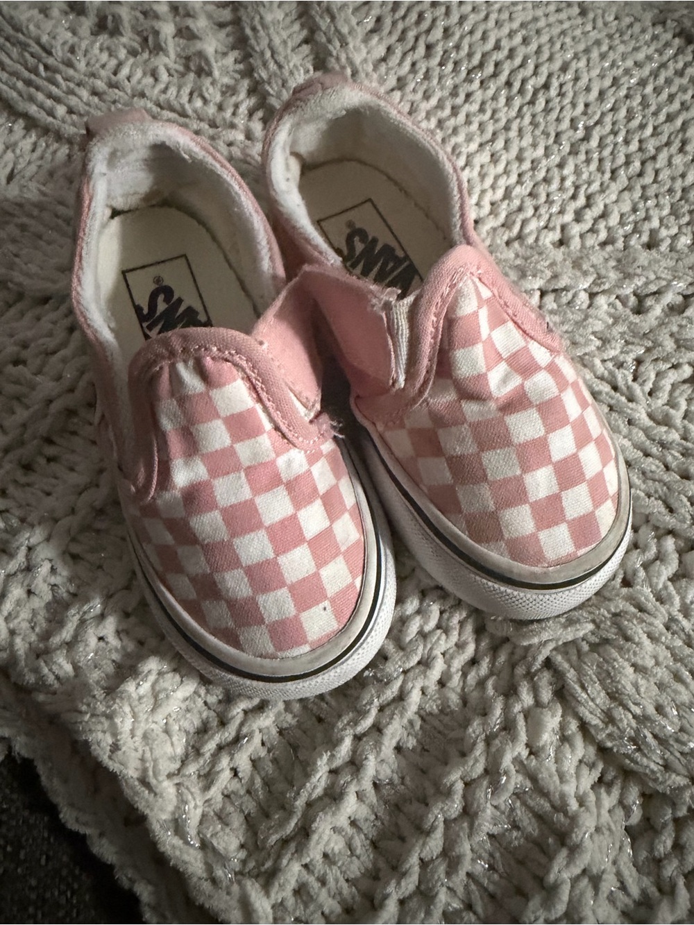 Vans Kids Slip-On Checkerboard Sneakers in Pink and White